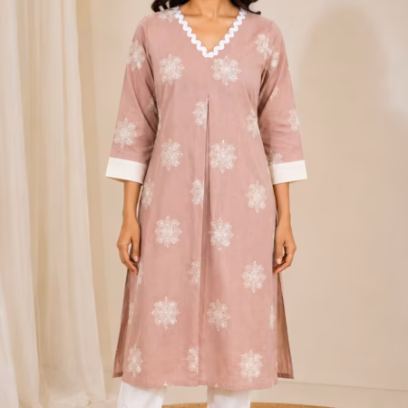 Designer V-Neck Cotton Kurti for Women | Elegant Embroidered Kurti by Desvanii | Casual & Office Wear | Women's Premium Ethnic Wear