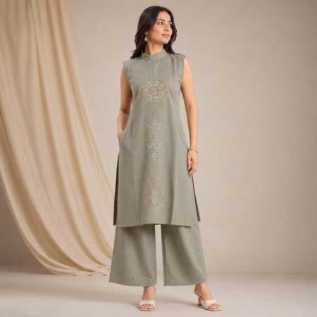 Women’s Embroidered Kurta Palazzo Set – Premium Cotton Blend Ethnic Wear | Desvanii