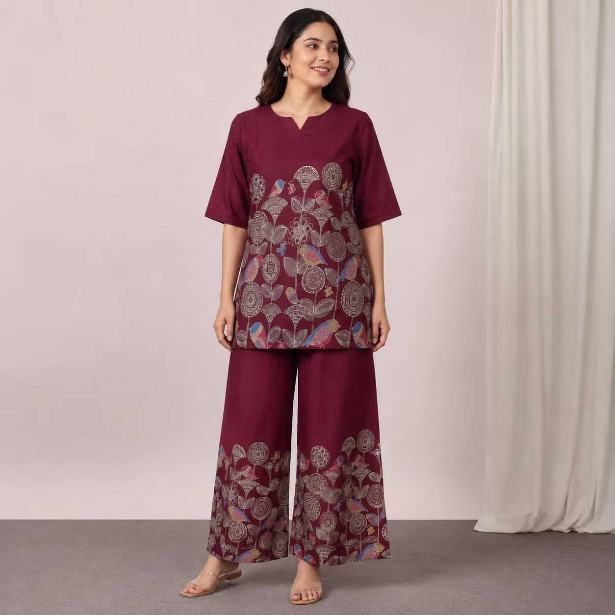 Women Printed Kurta Palazzo Set | 3/4 Sleeve Straight Kurti with Wide Leg Palazzo | Ethnic Wear Set - Image 11