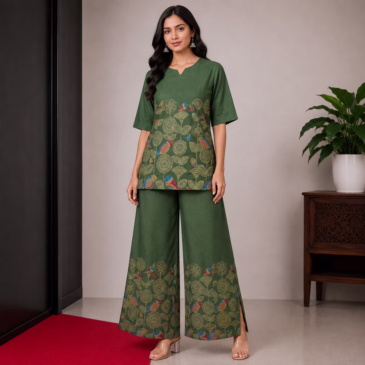 Women Printed Kurta Palazzo Set | 3/4 Sleeve Straight Kurti with Wide Leg Palazzo | Ethnic Wear Set